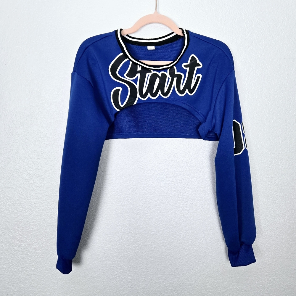SHEIN "Start 08" Graphic Long Sleeve Super Cropped Jersey Blue 14 Youth/XS Jr